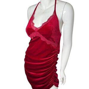Valentine’s Day Cider Red velvet Mini slip Dress‎ with Lace Trim ruched side XL